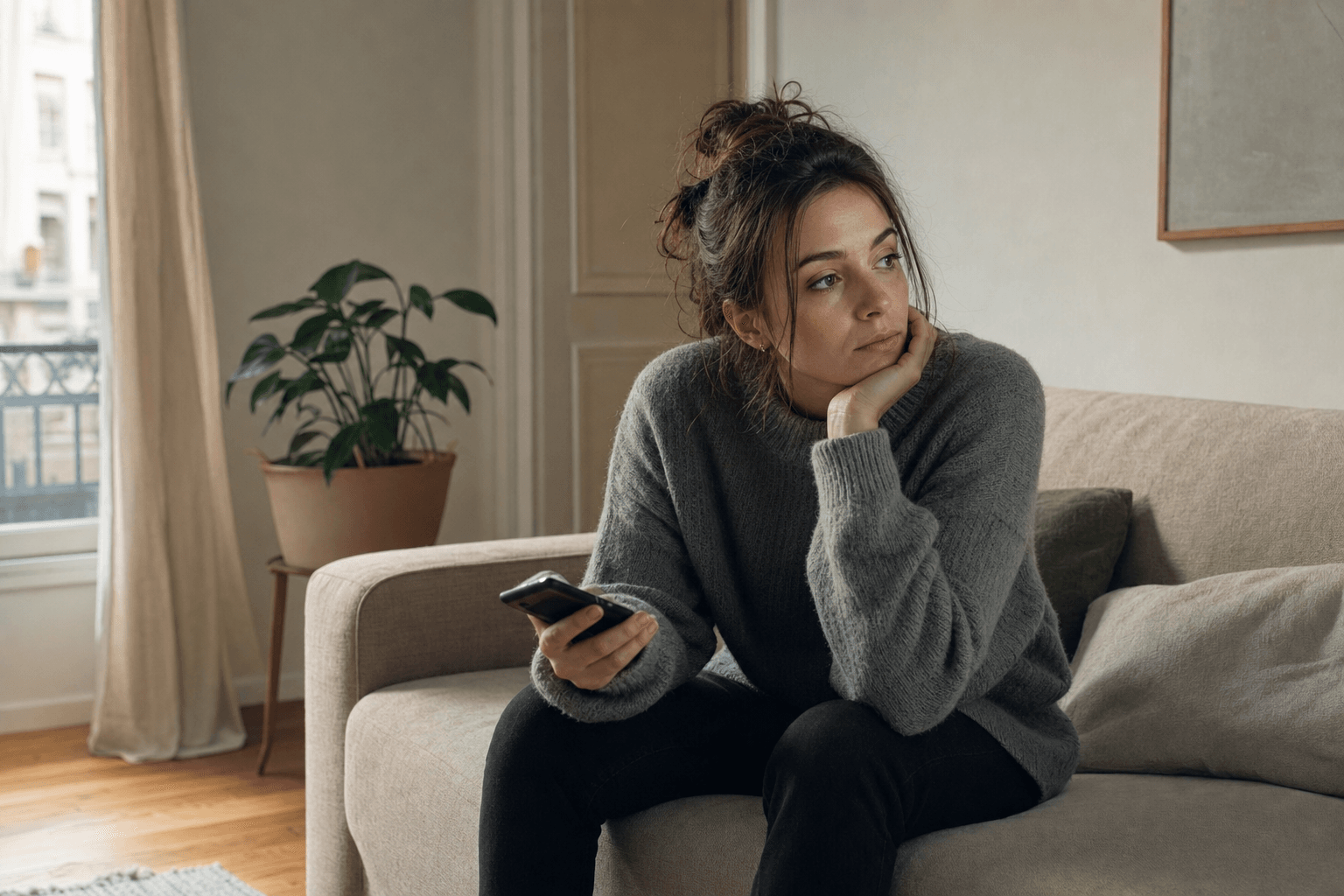 Kobieta na kanapie z telefonem — objawy ADHD u dorosłych