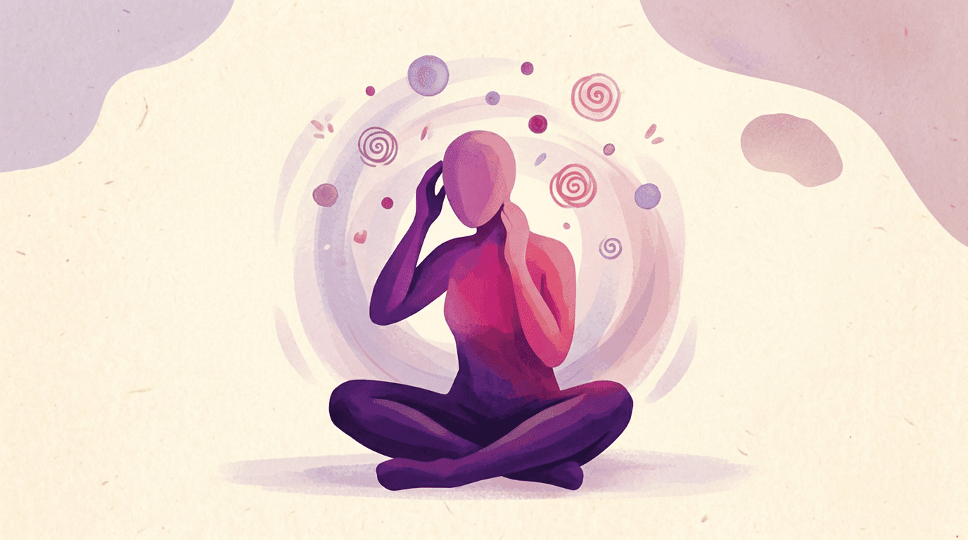 Stylizowana purpurowa figura siedzi po turecku z dłońmi przy głowie, dookoła krążą gęste myśli, spirale i znaki zapytania w fioletach i różach, ilustracja objawów lękowego stylu przywiązania