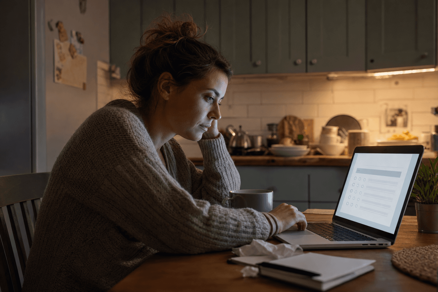 Kobieta przy laptopie w kuchni wieczorem — test na ADHD online